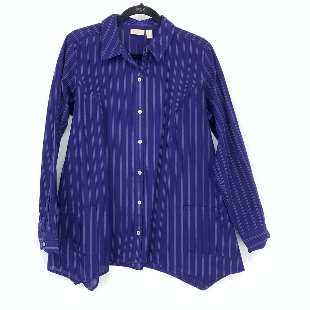 Logo By Lori Goldstein Blouse Sz S Button Front Long Sleeve Blue Asymmetric Hem